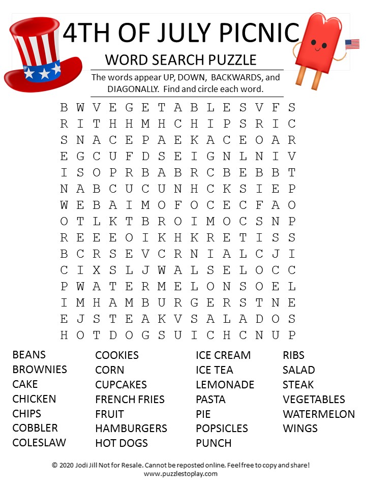 4th of July Picnic Word Search Puzzle Puzzles to Play