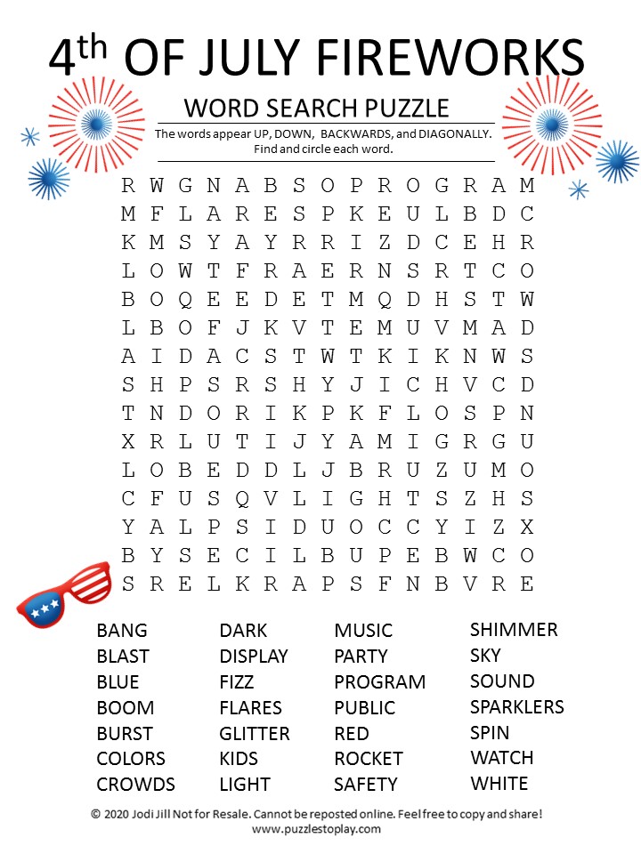 4th of july fireworks word search puzzle