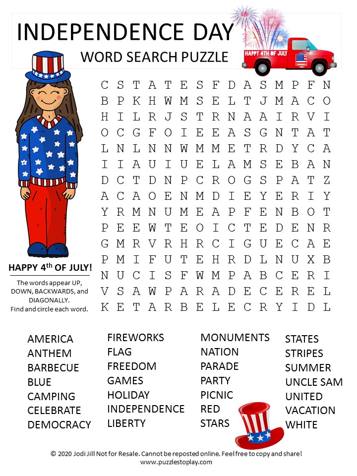 4th of July Word Search Puzzle Puzzles to Play