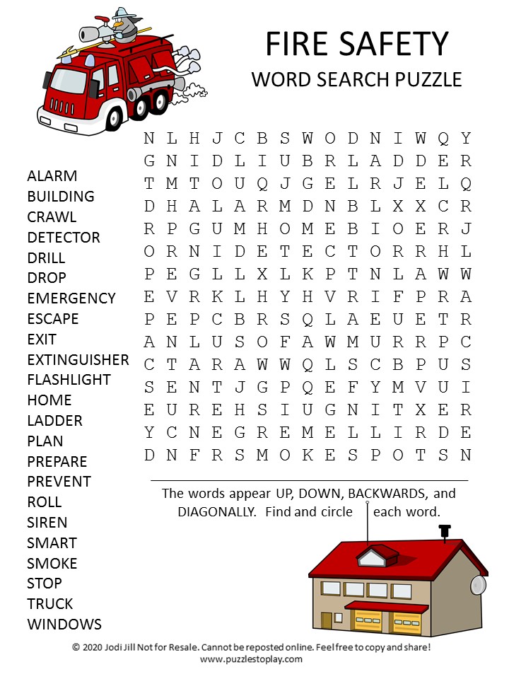 Fire Safety Word Search Puzzle Puzzles to Play