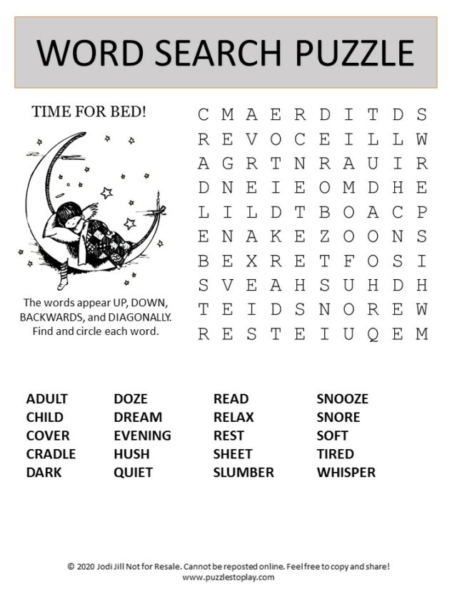 Time For Bed Word Search Puzzle Puzzles To Play