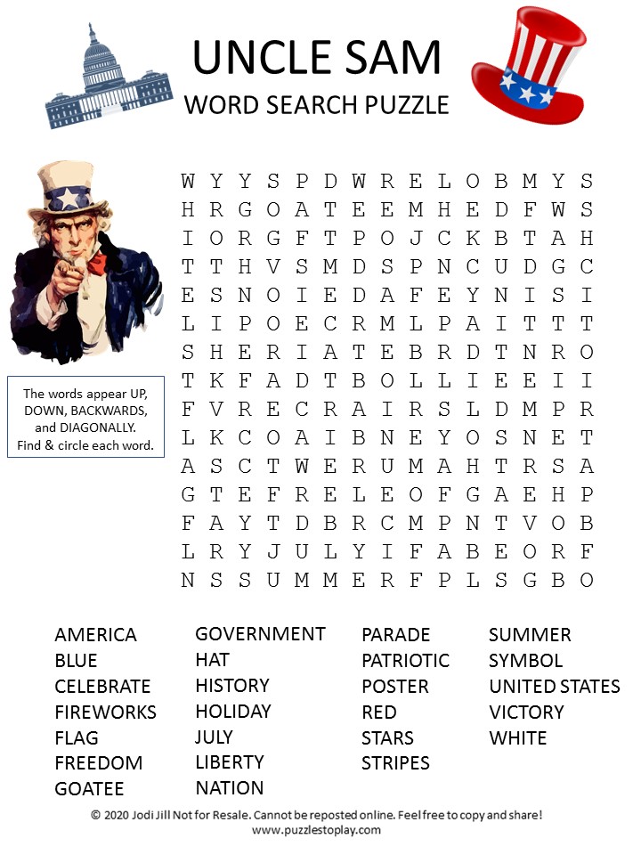 Uncle Sam Word Search Puzzle