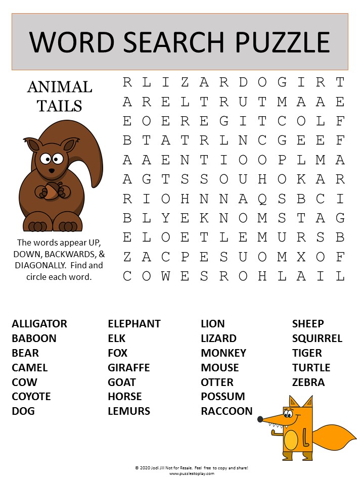 animal tails word search puzzle pic