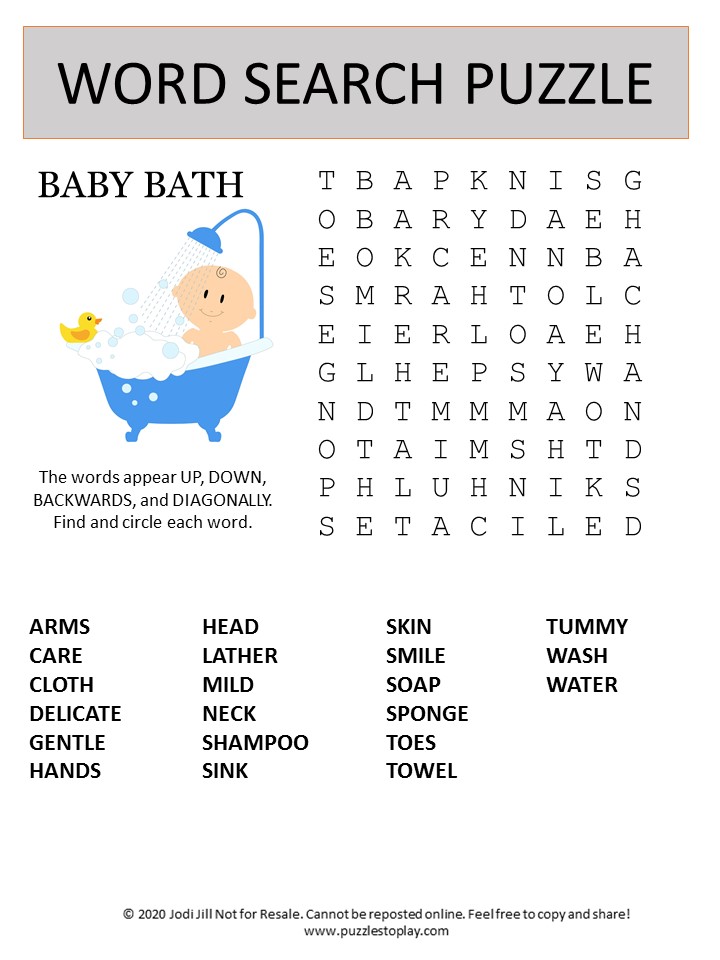 Baby Bath Word Search Puzzle Puzzles To Play