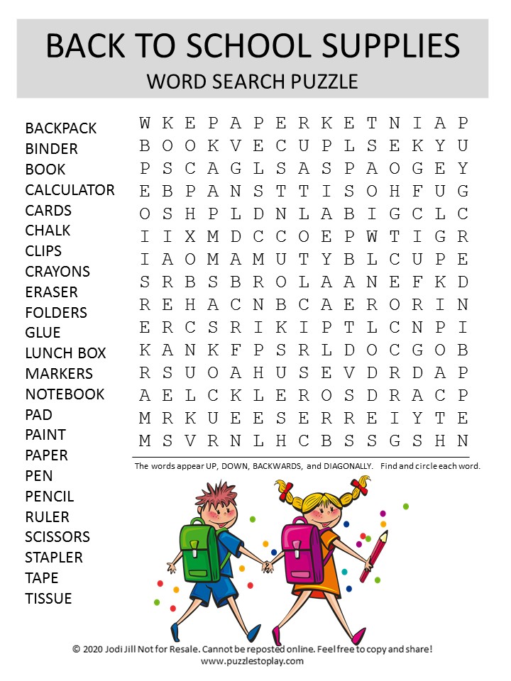 back to school supplies word search puzzle
