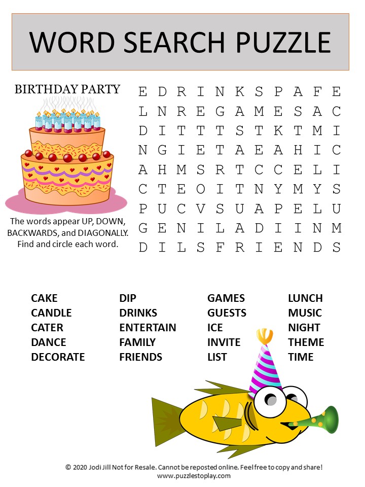 birthday party word search puzzle