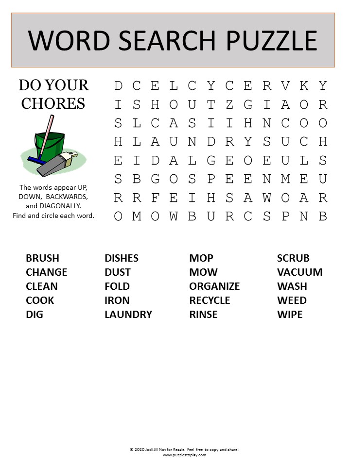 chores word search puzzle