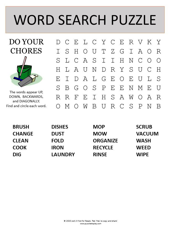 Household Chores Word Search