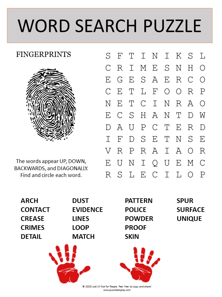 Fingerprints Word Search Puzzle Puzzles To Play