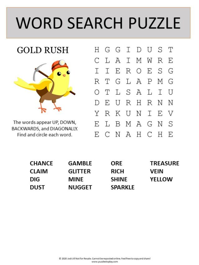 Gold Rush Word Search Puzzle Puzzles To Play