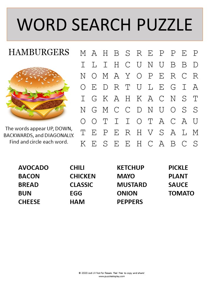 hamburgers word search puzzle