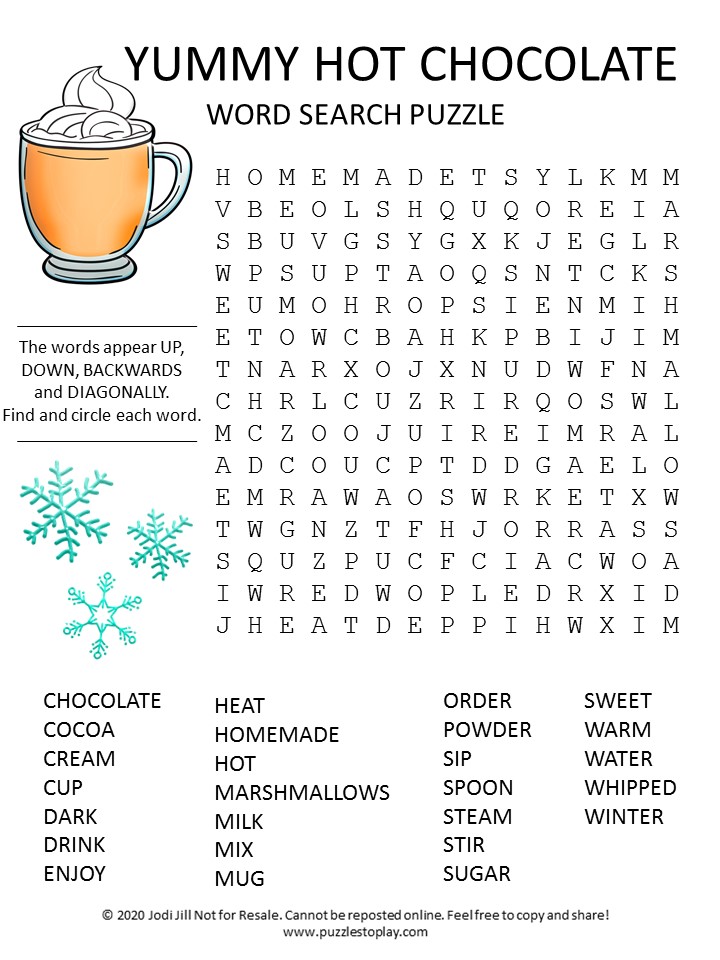 Chocolate Word Search Free Printable