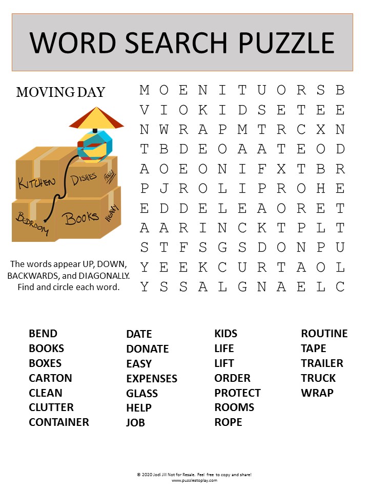 Moving Day Word Search Puzzle - Puzzles to Play