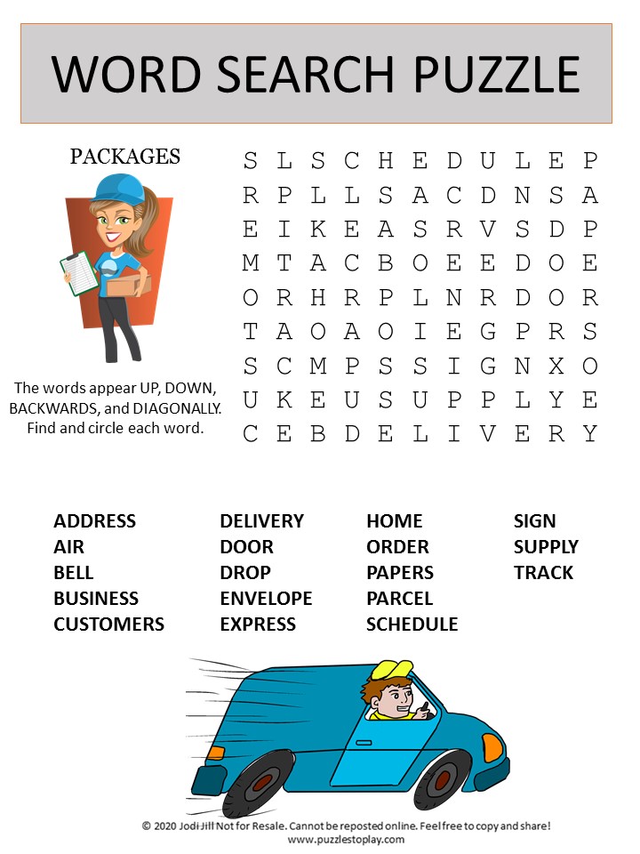 package delivery word search puzzle