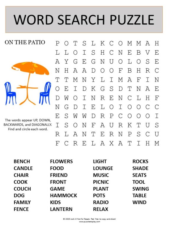 Patio Word Search Puzzle - Puzzles to Play