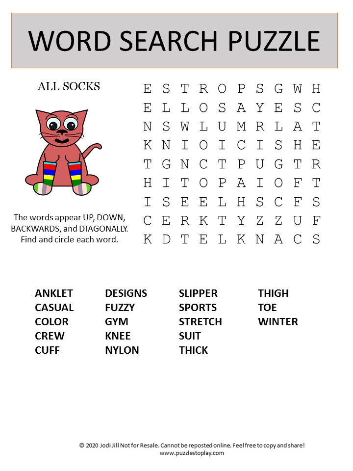 socks word search puzzle