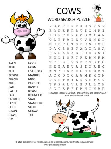 Cows Word Search Puzzle - Puzzles to Play