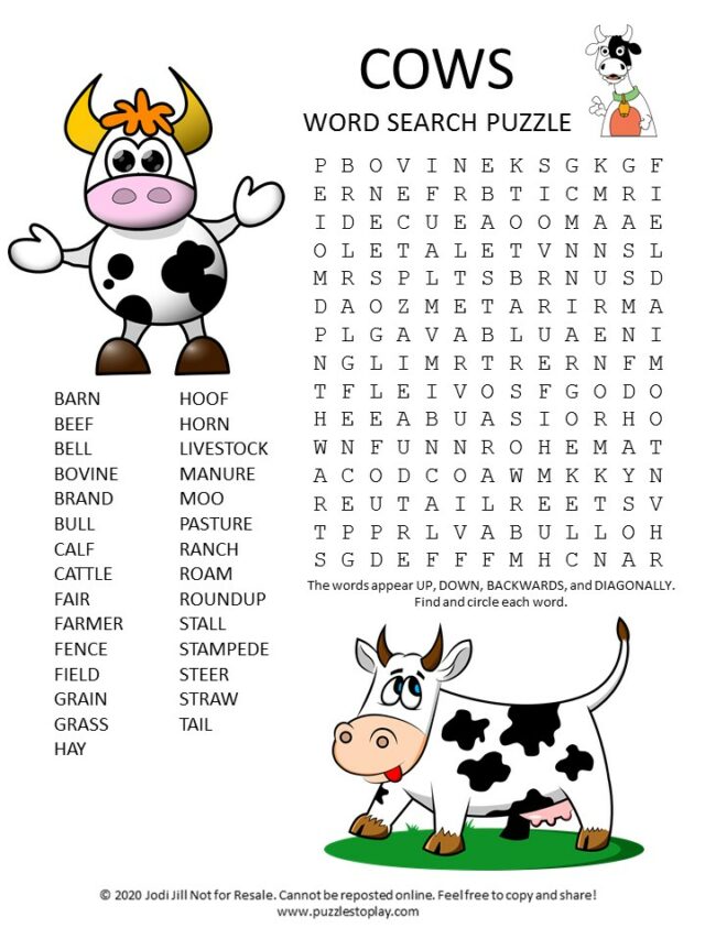 Cows Word Search Puzzle Puzzles to Play