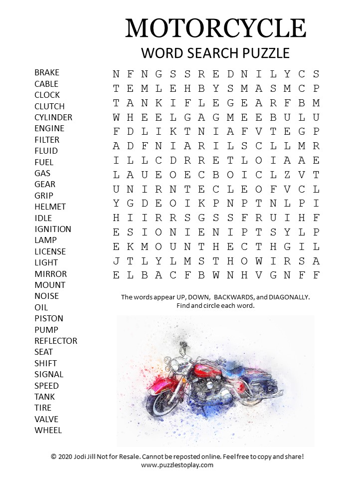 Motorcycle Word Search Puzzle Puzzles to Play