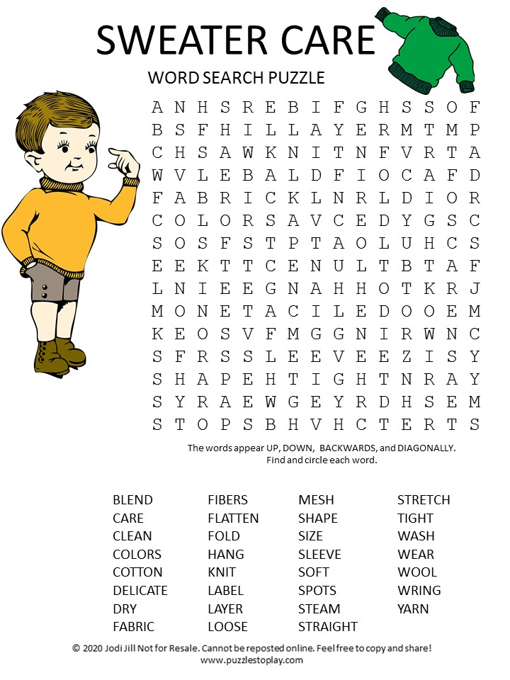 sweater care word search puzzle