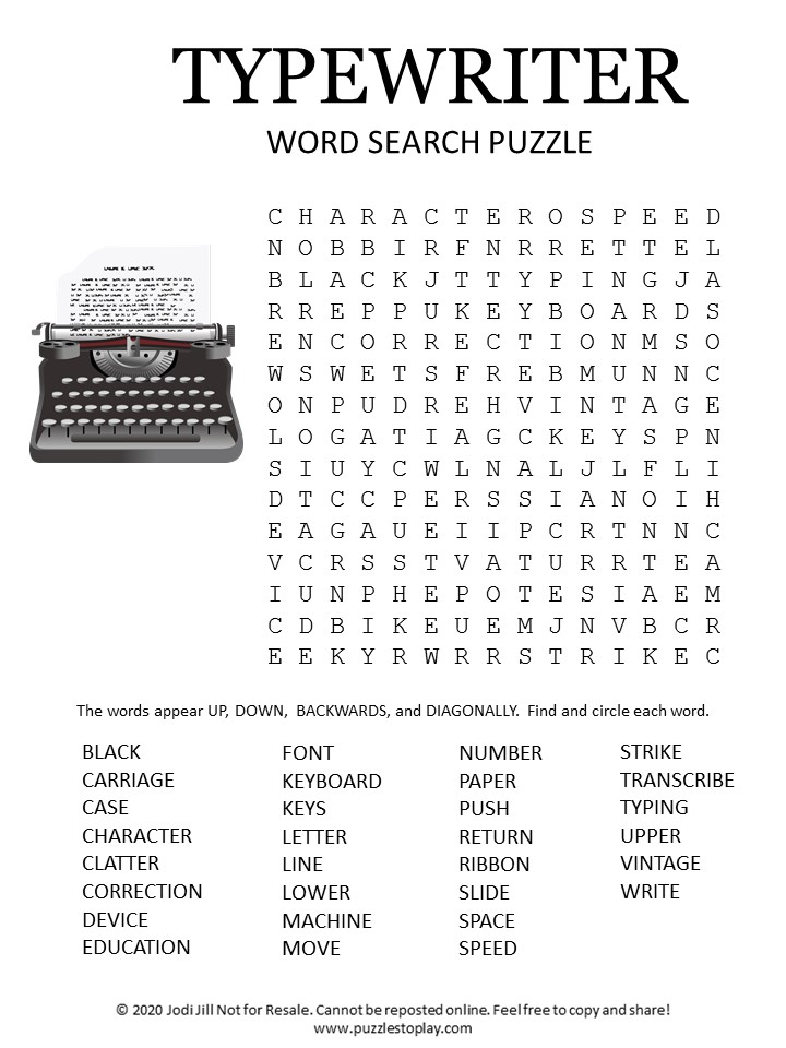 typewriter printable word search puzzles to play