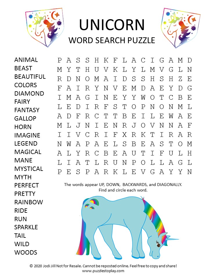 unicorn word search puzzle