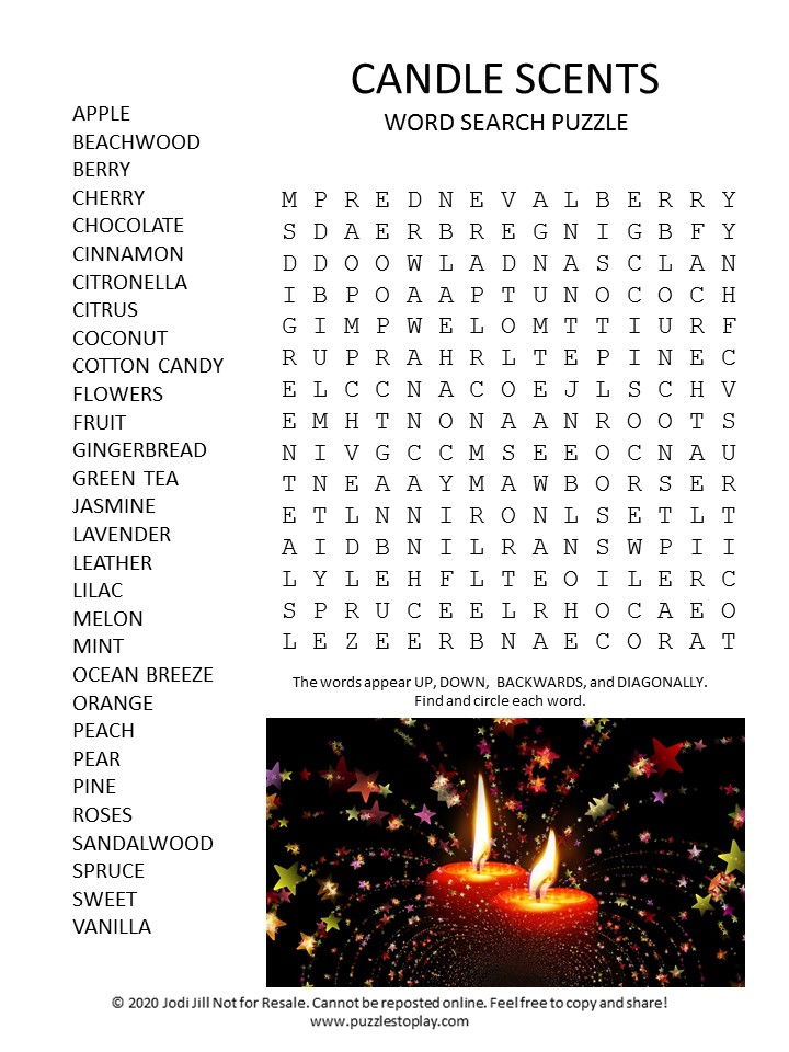 Candle scents word search puzzle