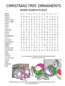 Christmas tree ornaments word search puzzle