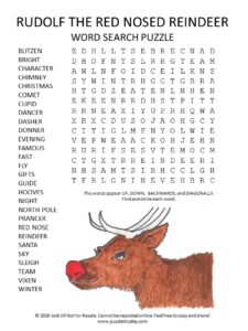 RUDOLF THE RED NOSED REINDEER word search puzzle