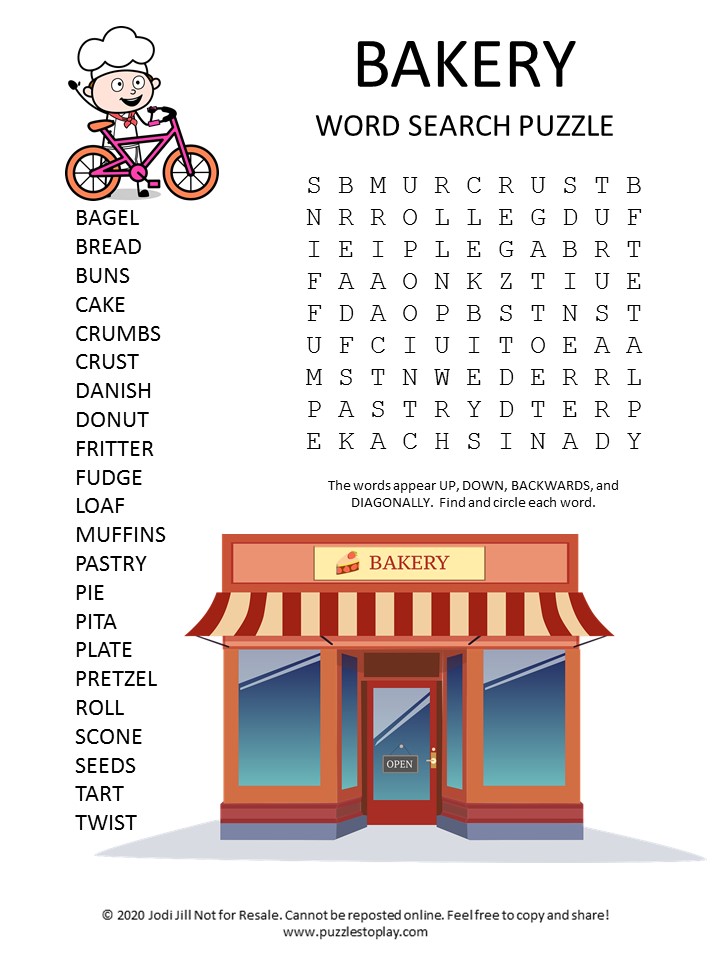 Bakery Word Search Puzzle Free Printable Puzzles Bakery Printable ...