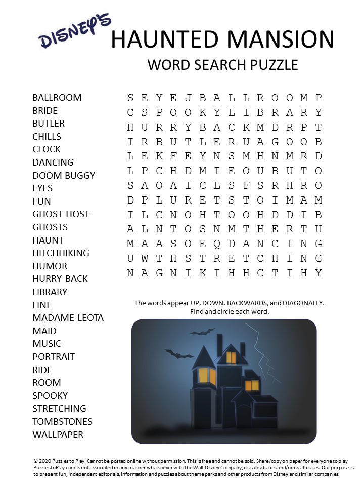 Haunted Mansion Word Search Puzzle Puzzles To Play