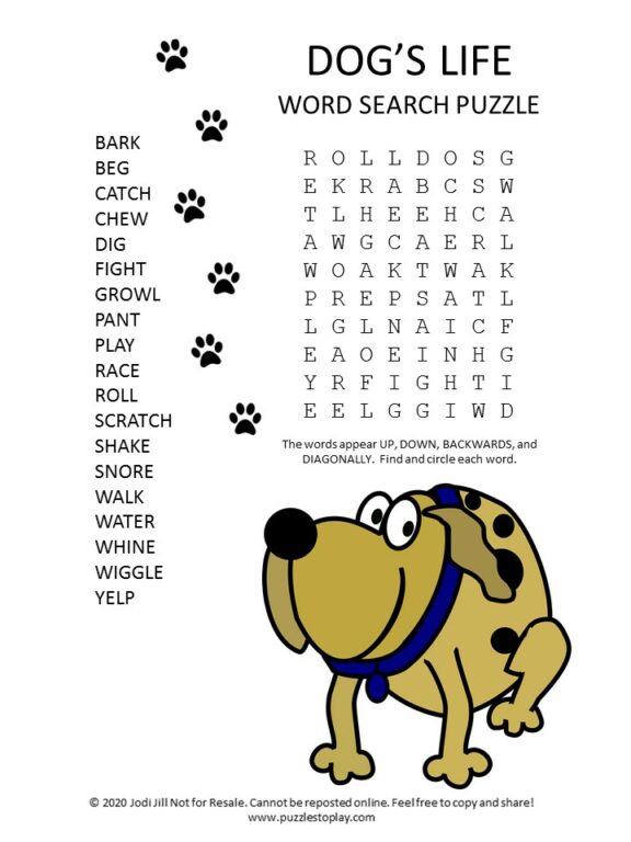 Dogs Life Word Search Puzzle - Puzzles to Play