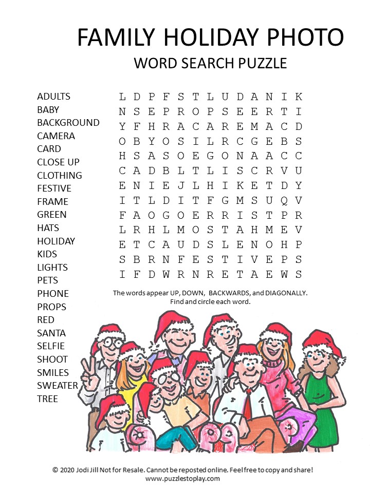 family holiday photo word search puzzle