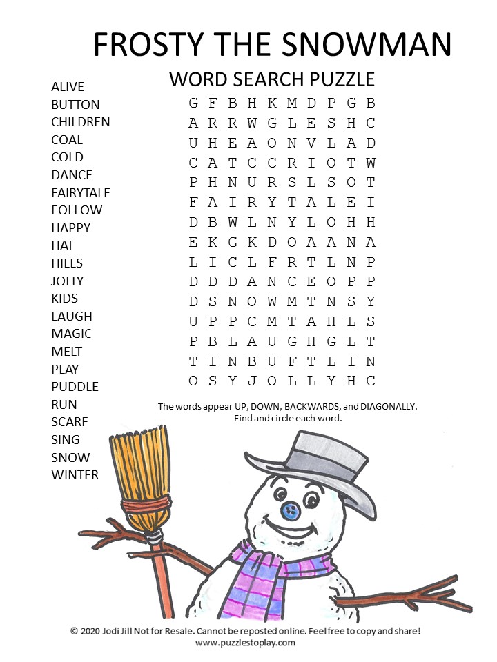 Frosty the Snowman Word Search Puzzle Puzzles to Play