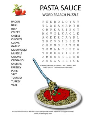 Pasta Sauce Word Search Puzzle - Puzzles to Play