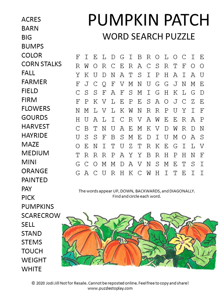 Pumpkin Patch Word Search Puzzle - Puzzles to Play