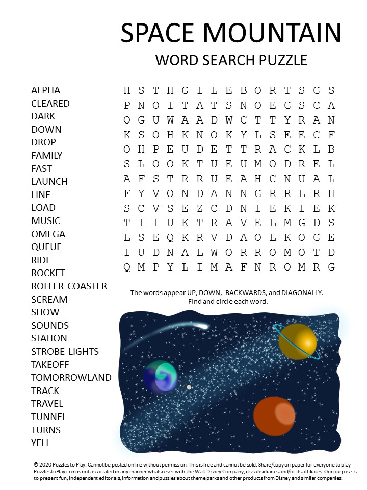 space mountain word search puzzle
