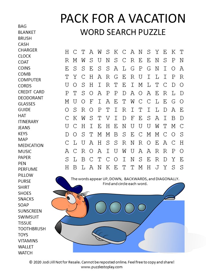 vacation packing word search puzzle