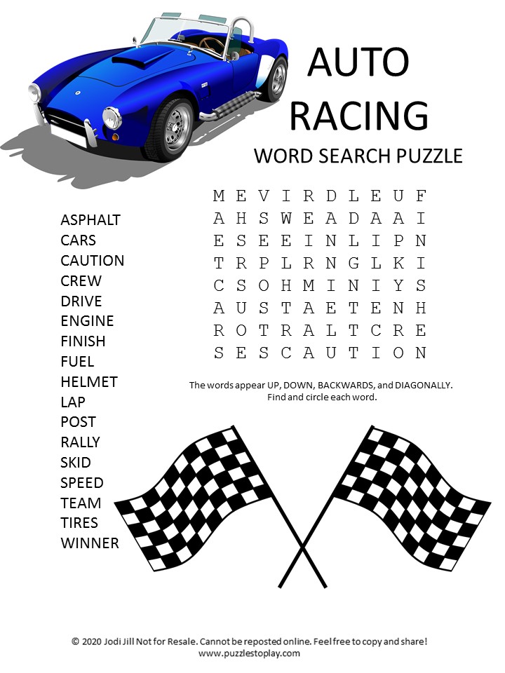 auto racing word search puzzle