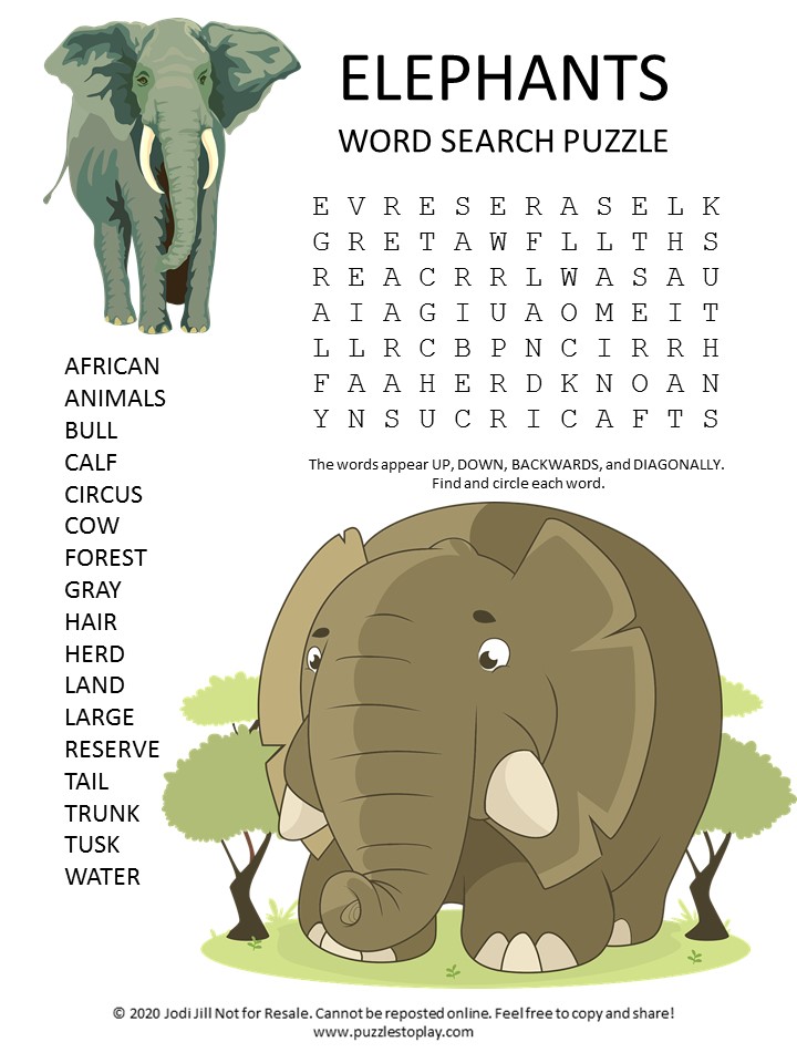 Easy Printable Elephant Word Search