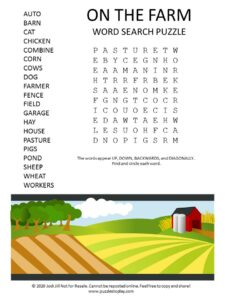 on the farm word search puzzle