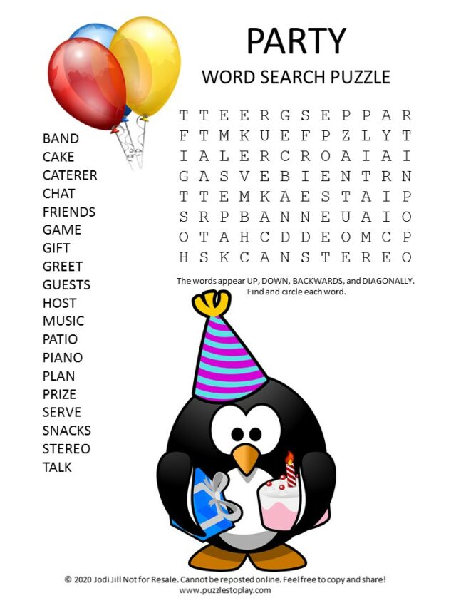 Birthday Party Word Search Printable