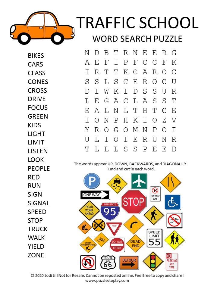 traffic school word search puzzle