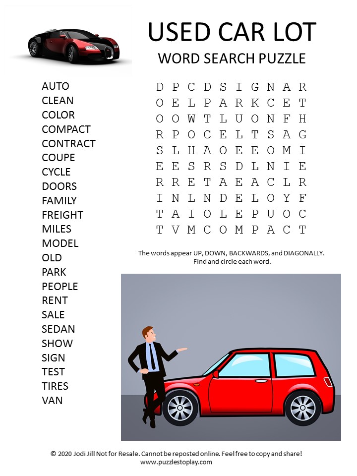 used car lot word search puzzle