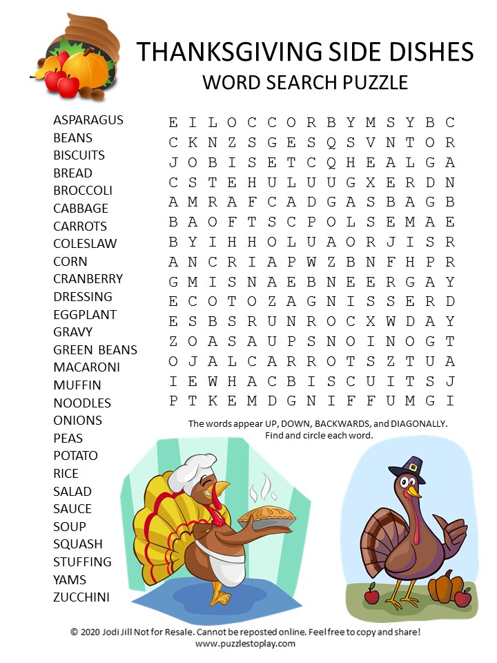 Thanksgiving Side dishes word search Puzzle Puzzles to Play