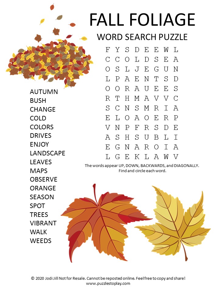 Fall Foliage Word Search Puzzle - Puzzles to Play