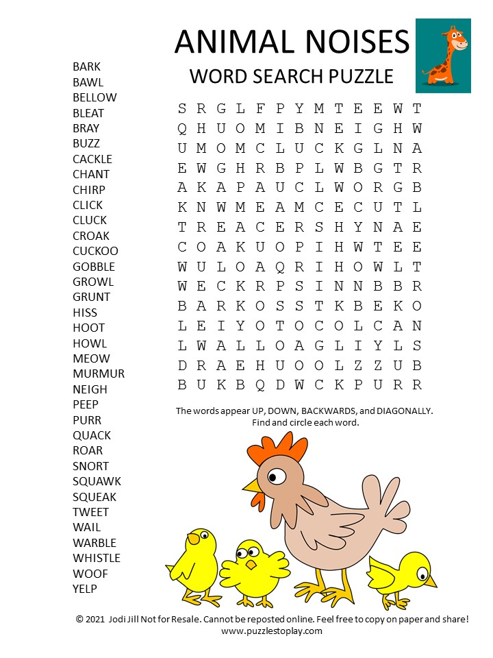 Animal Noises Word Search Puzzle - Puzzles to Play