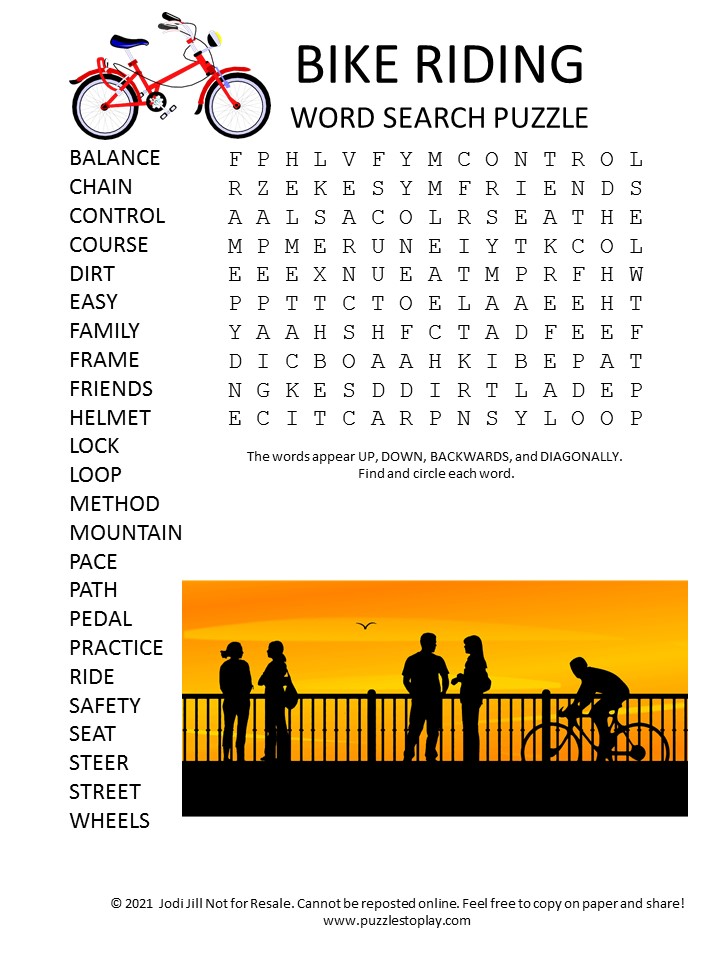 Bike Riding Word Search Puzzle Puzzles to Play