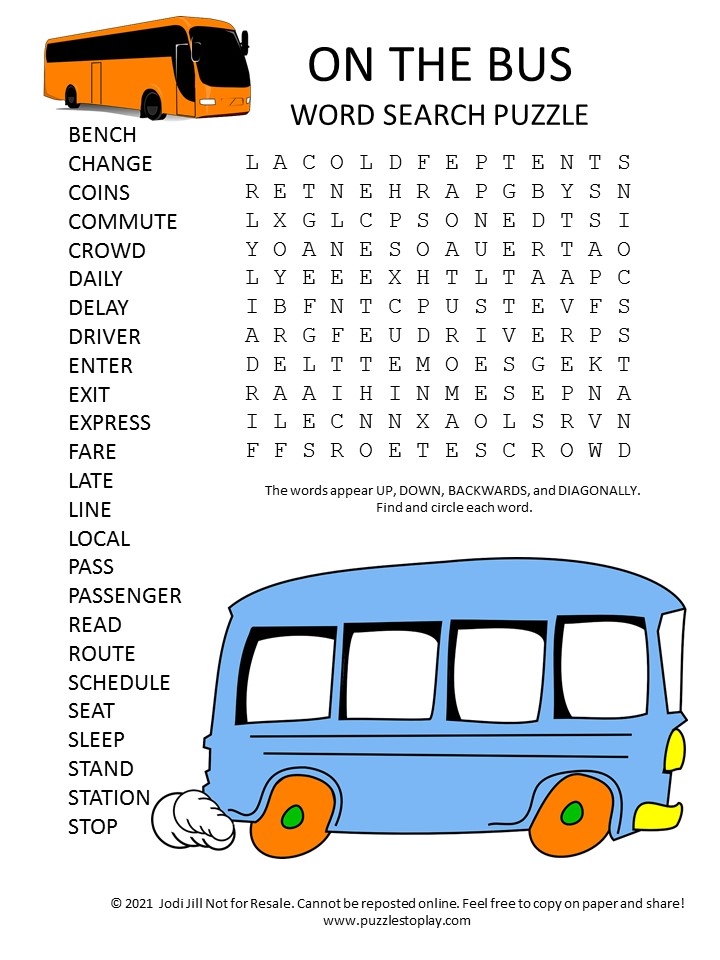 Bus Word Search Puzzle Puzzles to Play