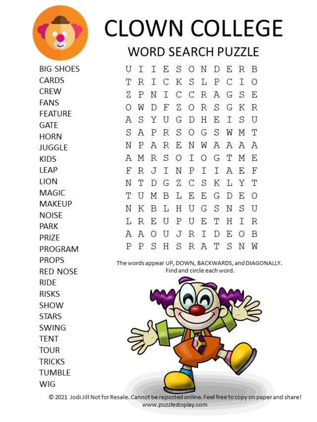 Clown College Word Search Puzzle Puzzles To Play